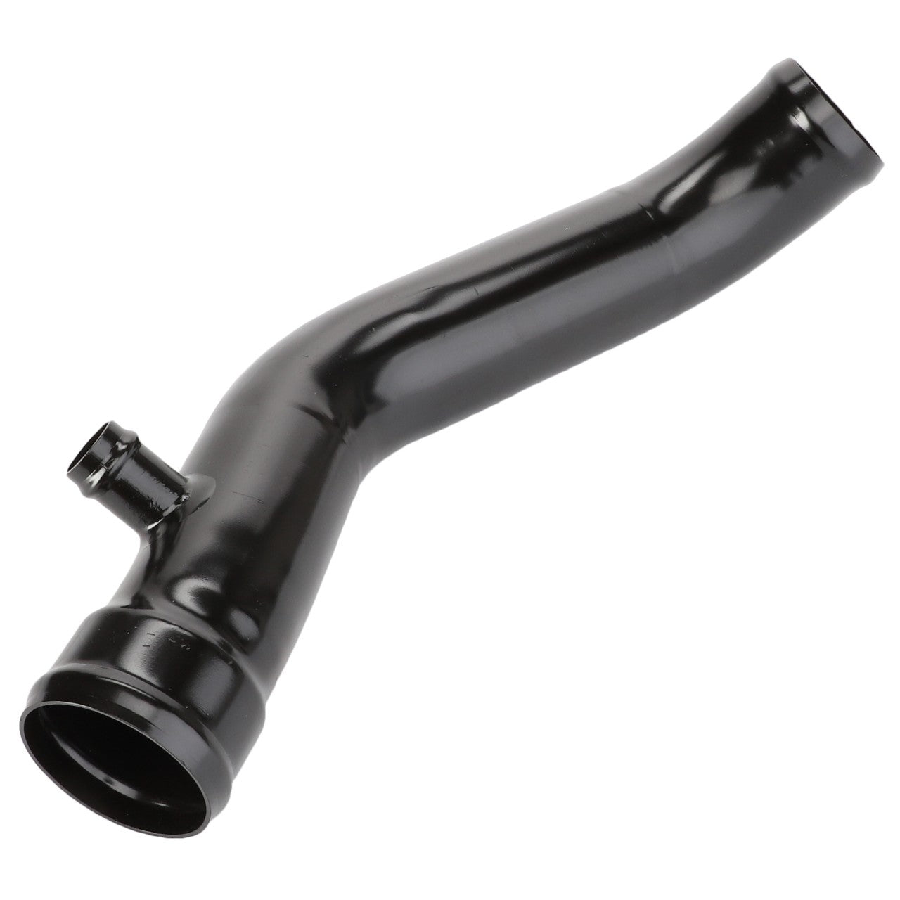 There is no current product description information available for the AGCO Water Hose - Acw048590B, a black, curved plastic pipe with a small perpendicular attachment near one end.