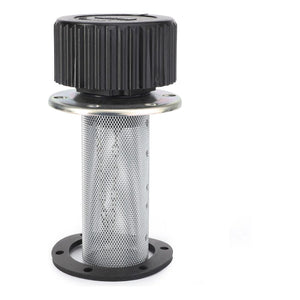 Introducing the AGCO Hydraulic Filter Cartridge - G916861060010: a cylindrical metal air filter with a pleated filter structure, featuring a black, ribbed top cover, perforated metal body, and circular mounting flange at the bottom.