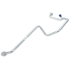 The AGCO | Tube - Acw0338210 by AGCO is a silver, bent metal tube with a ridged connector on one end and a blue plastic cap on the other, designed to serve as a conduit in mechanical or fluid systems.