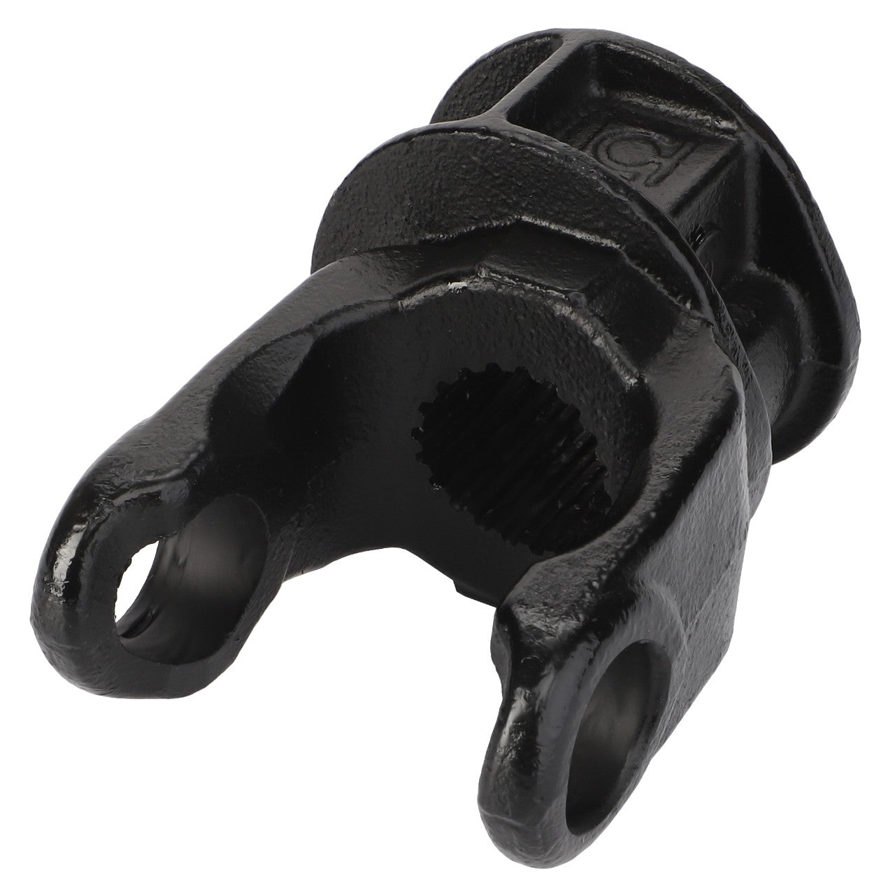 The AGCO | Fixing Fork - Fel103213 is a black metal U-joint component that features two circular openings at one end and a central grooved opening. No current product description is available.