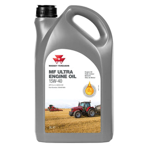 A gray 5-liter container of AGCO Mf Ultra Engine Oil 15W-40 (product code: 3933675M1), featuring a picture of a red tractor in a field on the label, is ideal for engines frequently operating with precise hydraulic systems.