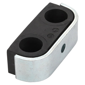 The AGCO | Clamp - Acx0133900 by AGCO is a metal and rubber cable clamp featuring two circular openings and a rectangular base. No current product description information is available for this item.