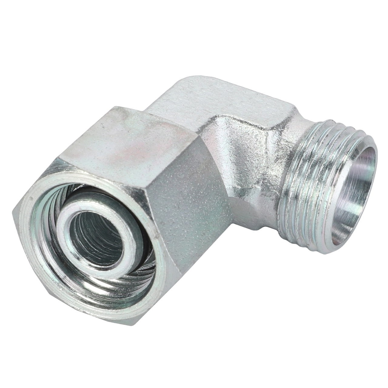 The AGCO Swivel Elbow Fitting - Acw1755110 is a metal 90-degree elbow pipe fitting with a threaded end and hexagonal nut, ideal for use in Massey Ferguson Models.