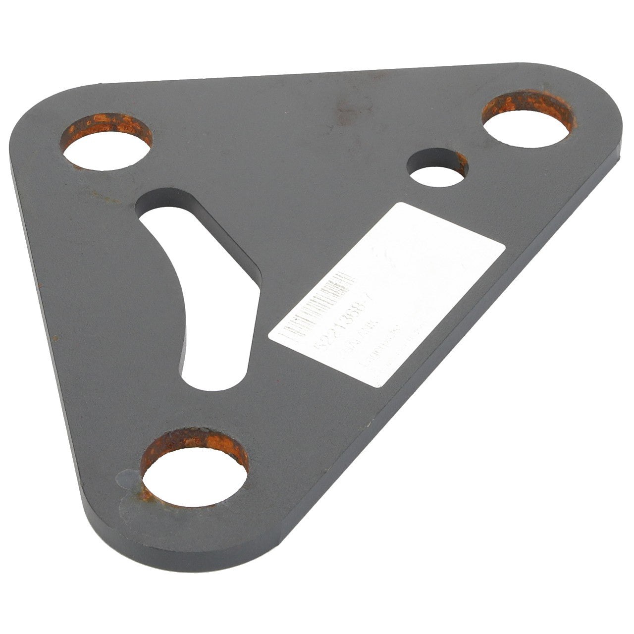 Product Name: AGCO | LINK - AL5221368
Brand Name: AGCO

Description:
A triangular metal plate with three large circular holes and one smaller hole, featuring a central curved slot. Rust is visible around the edges of the holes. No additional product description information is currently available to provide further details.