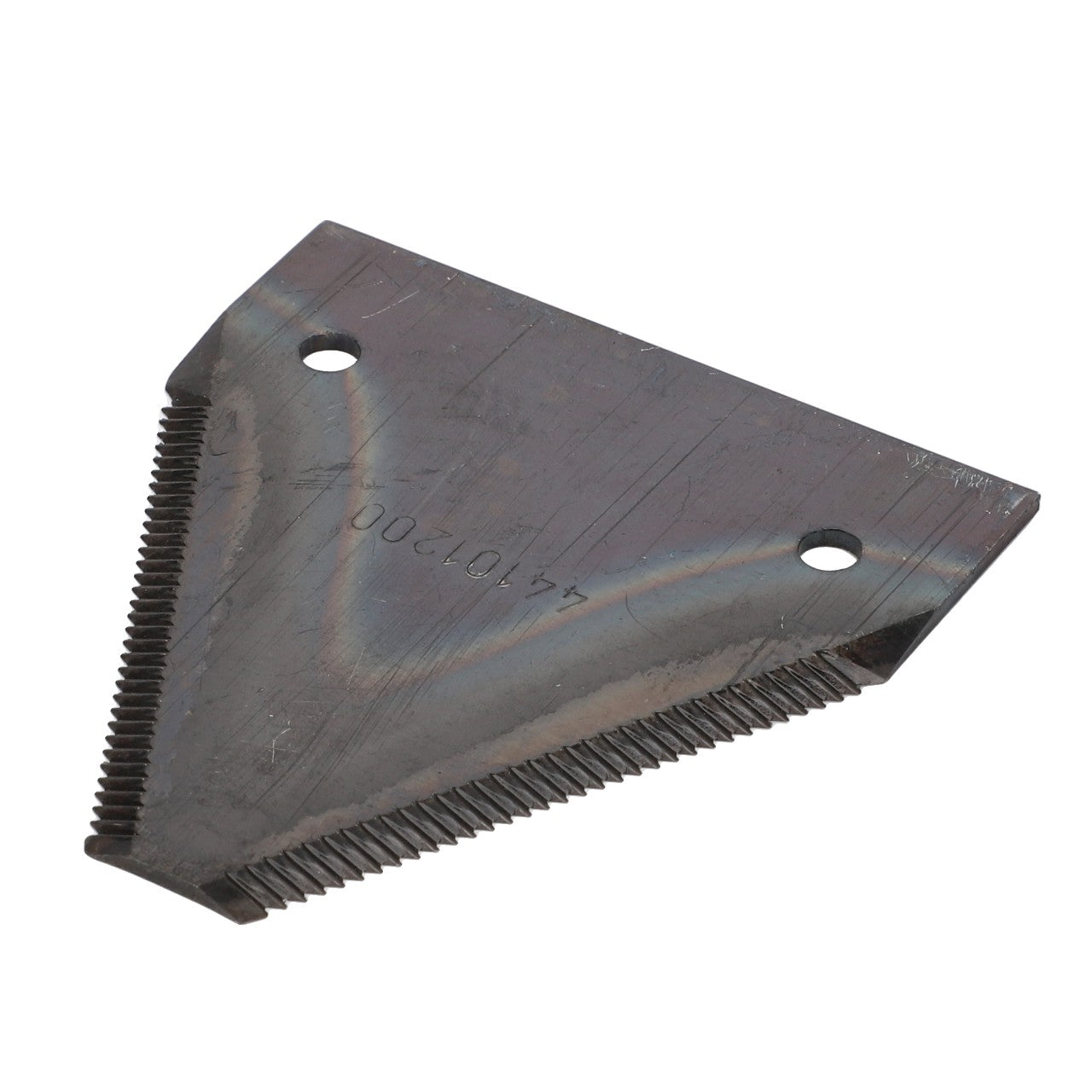 A triangular AGCO | KNIFE - D44101200 metal blade with fine serrations along the two slanted edges and two precisely drilled holes near the top corners.