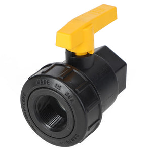 The AGCO | VALVE - AG050207 is a black polypropylene ball valve featuring a yellow handle. This valve is inscribed with "Made in USA" and "POLYPROPYLENE." For further details, our support team is available to assist you with product ordering.