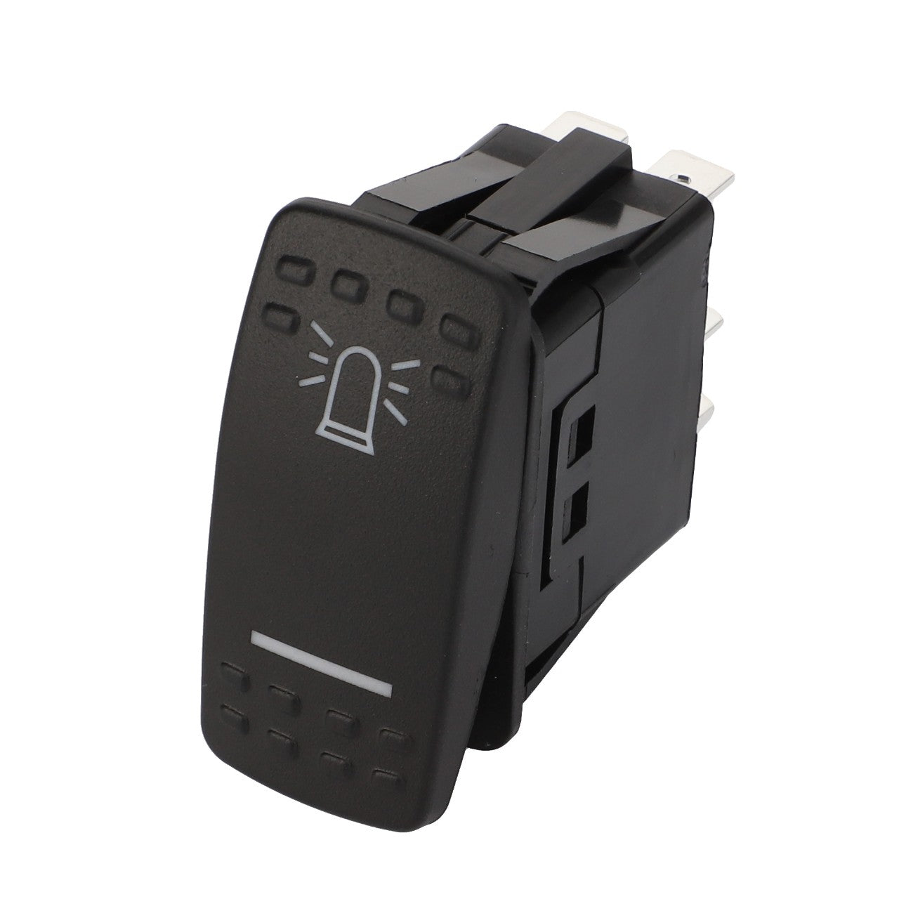 A black rocker switch featuring a light symbol on its surface, angled to the left, displaying both side and front views—ideal for Massey Ferguson tractors: AGCO Beacon Light Rocker Switch - 3808918M2.