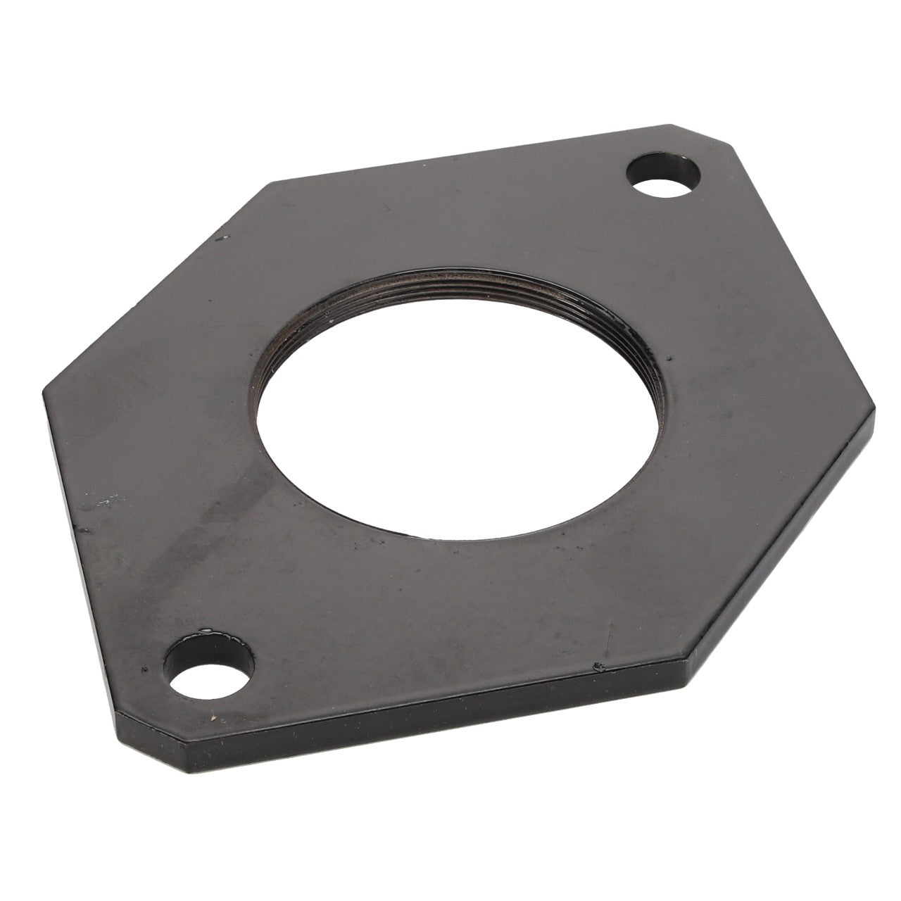 Introducing the AGCO | Closing - 6211704M1 by AGCO: a black hexagonal metal flange with a central circular hole and two smaller holes on adjacent corners, delivering a reliable foundation for a variety of mechanical applications.