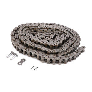 A coiled AGCO Roller Chain Transmission Bale Forming - 0934-36-55-00, accompanied by a chain link tool, a spare link piece, and two small screws placed beside it on a white background, designed for peak efficiency and maximum uptime.