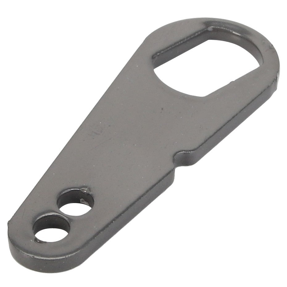 The AGCO Lever - Acw6055390, from the renowned brand AGCO, is a black metal mounting bracket featuring two holes at one end and a larger, irregularly shaped opening at the other. This product is designed for securing or connecting components. No additional product description information is currently available.