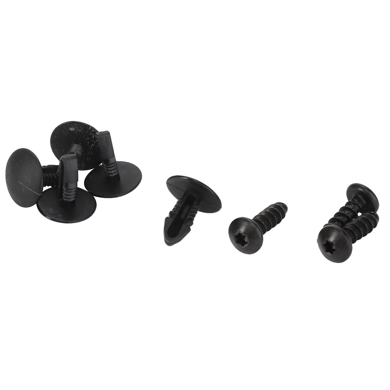 No current product description available for AGCO's Small Parts Kit - F339500030420, which includes assorted black fasteners featuring five push rivets and two screws.