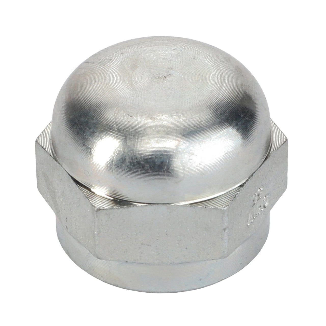 An image of the AGCO Cap Nut - Acp0449740, featuring a shiny silver finish, a round domed top, and a hexagonal base.