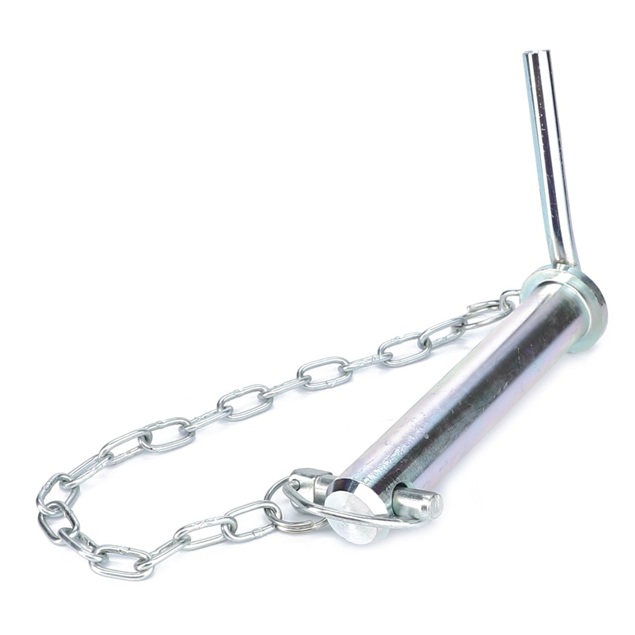 There is currently no product description available for the AGCO Pin - Acp0322370, which is a cylindrical metal pin featuring a right-angle handle attached to a chain.