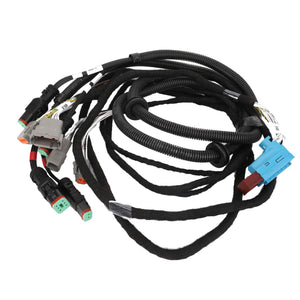 The AGCO | Harness - Acw2327690, a coiled automotive wiring harness from AGCO, includes multiple connectors with green, blue, grey, and red plugs. It features black protective casing on various wire segments to ensure machinery reliability. Enhanced by AGCO Parts Genuine Electrics, these electrical parts guarantee robust performance.