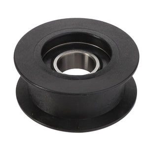 A black AGCO pulley with a central bearing, compatible with Valtra machinery (Product Name: CG3256015701).