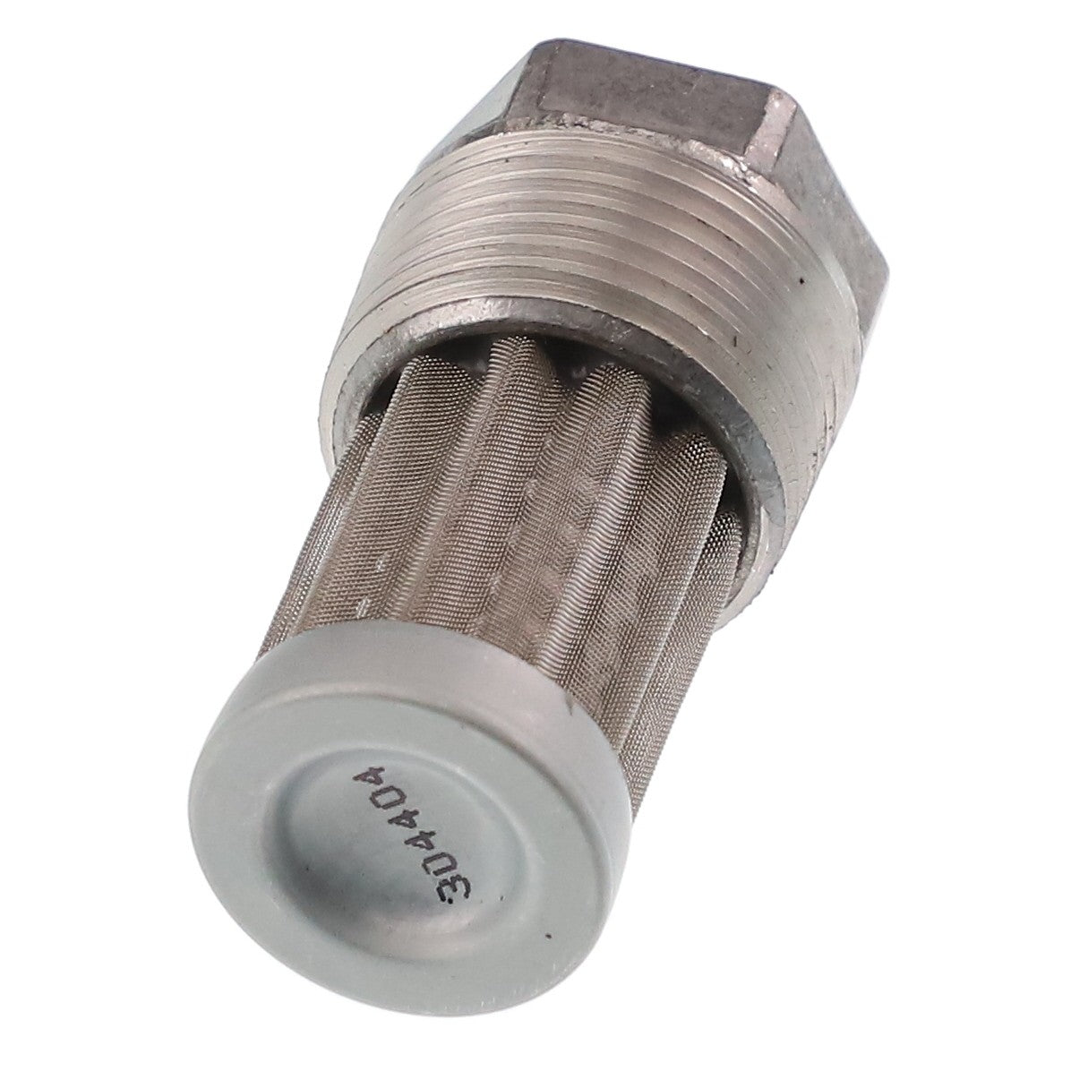 The AGCO | FITTING - AG335136, a cylindrical metallic filter with a threaded hexagonal cap and mesh body, currently has no detailed product description information available.