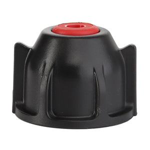 Close-up of the AGCO | CAP - AG427074, a sleek black plastic knob with two side flanges, featuring a vibrant red circular top center.