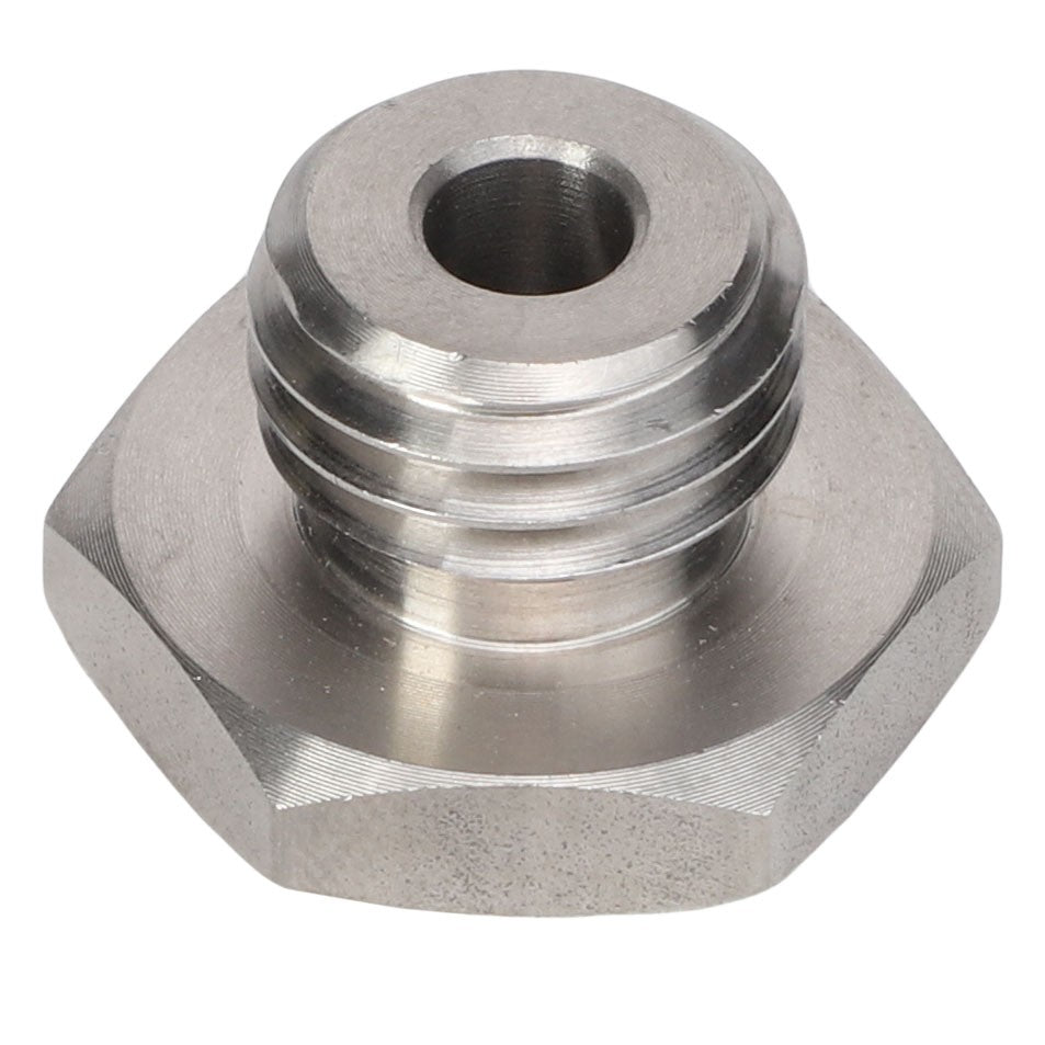 Product Description: The AGCO REDUCER BUSH - AG519525 is a metallic threaded fitting featuring a central hole, a hexagonal base, and a cylindrical top section. This product is manufactured by the renowned brand AGCO.