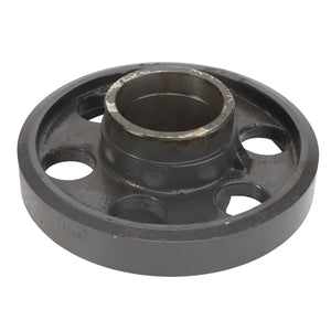 The AGCO | PULLEY - ACY1100290 is a circular gray metal component featuring a central hole and multiple smaller circular cutouts, designed for use in machinery or engineering applications.