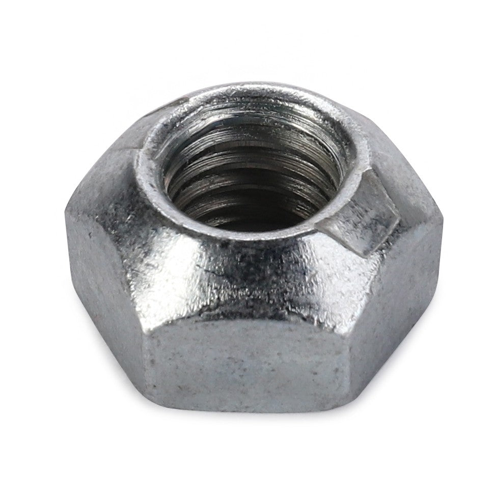 Close-up of an AGCO HEX LOCKNUT - CH6V-7744, a silver hexagonal locknut, set against a pristine white background.