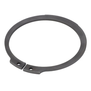 The AGCO | CIRCLIP - D42505500, a black metal circlip with flat ends and two small holes near its opening, is displayed on a white background, showcasing its durable design.