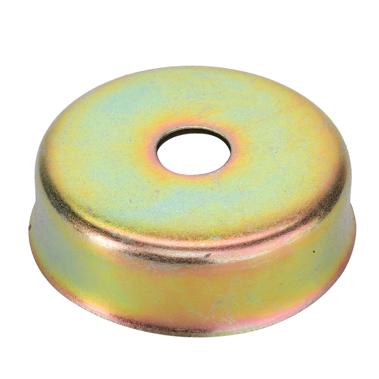 The AGCO BOWL - V31079400 is a metallic, disc-shaped object featuring a central hole and a slightly raised edge. It has a multi-colored finish on its surface. Currently, there is no additional product description information available.