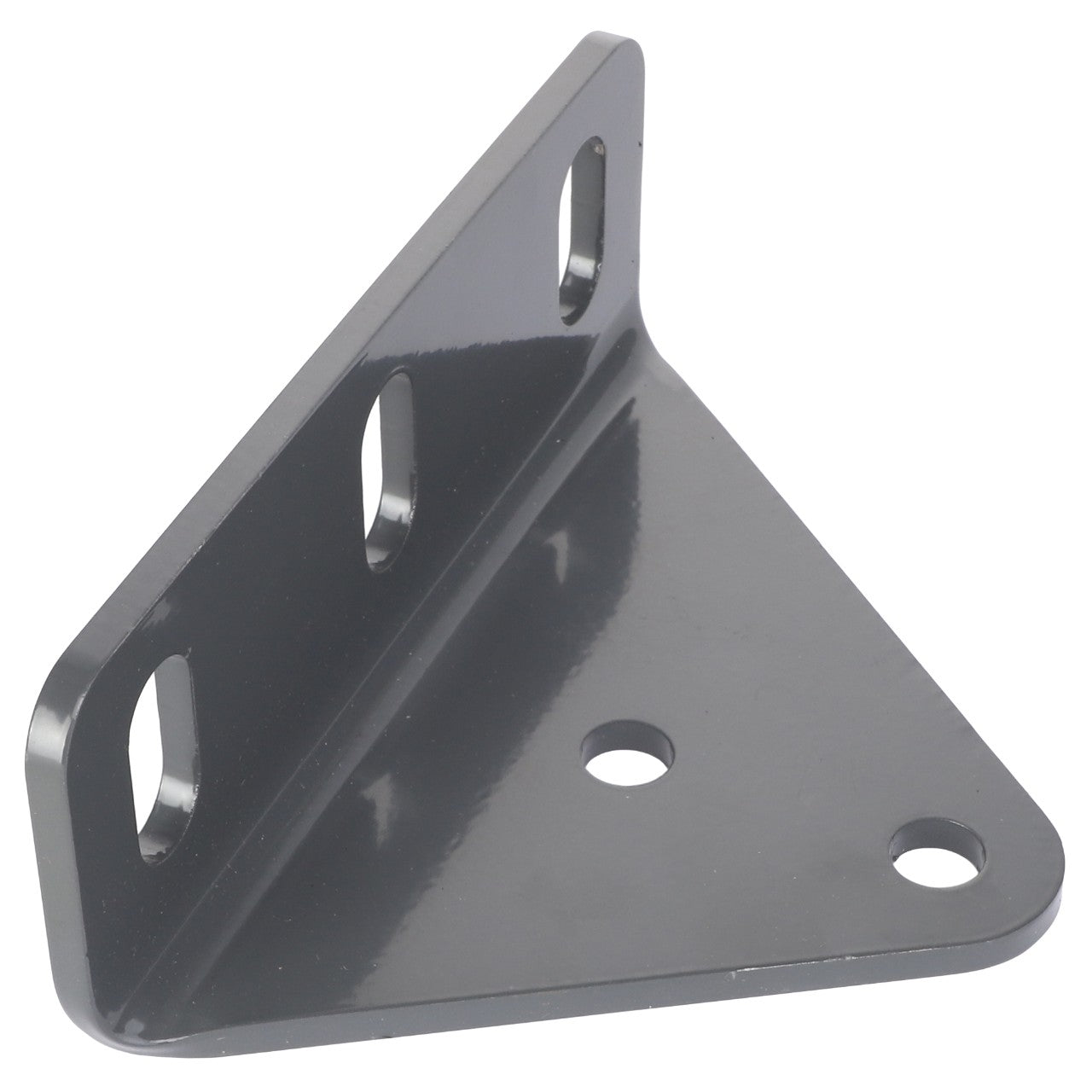 The AGCO | BRACKET - AG130130 by AGCO is a metal L-bracket featuring three oblong slots and two circular holes for mounting, with a highly reflective surface.