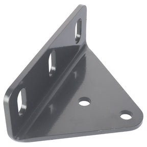 The AGCO | BRACKET - AG130130 by AGCO is a metal L-bracket featuring three oblong slots and two circular holes for mounting, with a highly reflective surface.