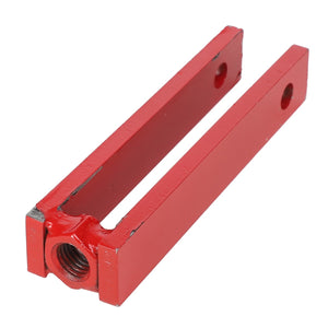 The AGCO Adjustment Link - Ba6078 is a robust, red U-shaped metal bracket that includes a threaded hole at one end and two bolt holes along the sides.