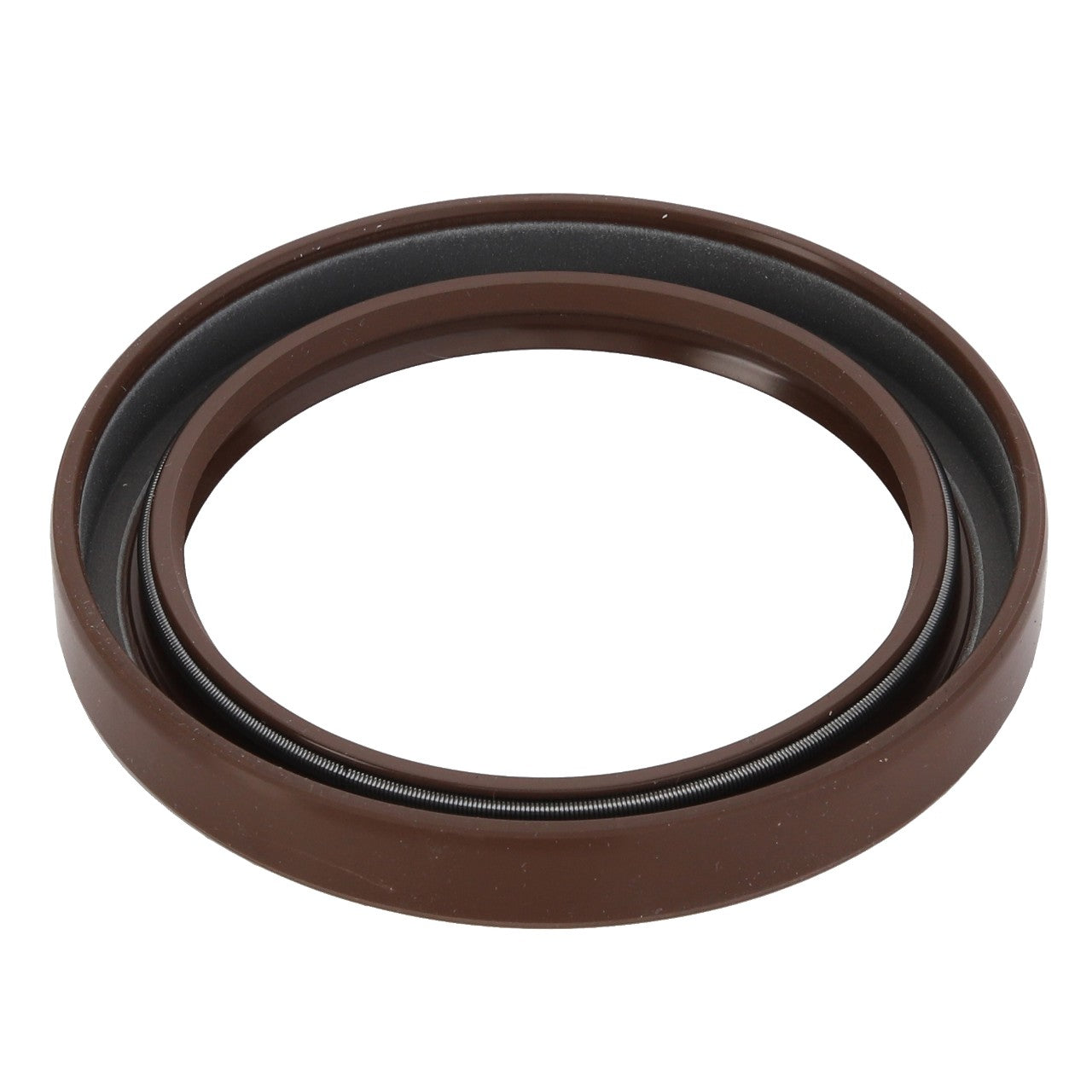 The AGCO Oil Seal - 0.010.2655.1 is a brown circular gasket featuring a metal spring component inside, designed for sealing applications to ensure top performance and reliability.