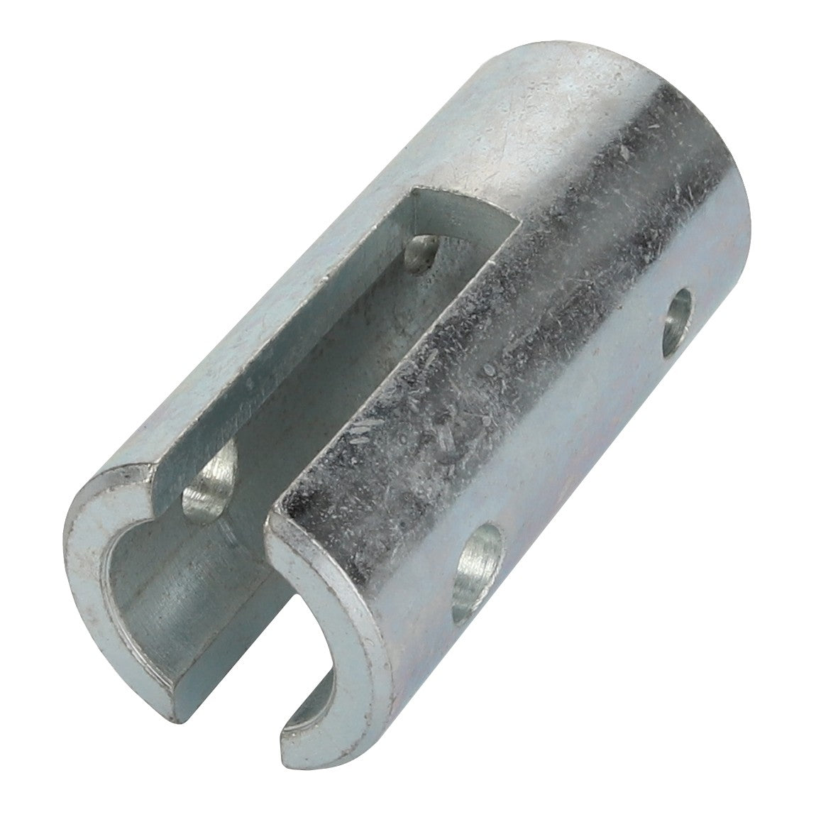 A metallic c-shaped sleeve with two holes on one side and a slot opening along its length, known as the AGCO YOKE - D28285126 by the brand AGCO. No current product description information available.