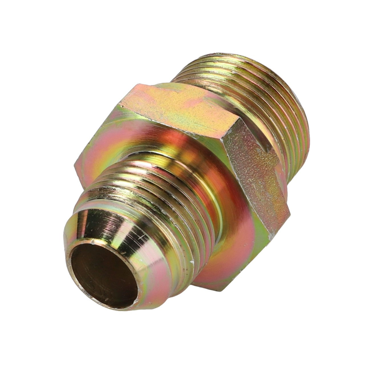 The AGCO | ADAPTER - AL5027500 is a metal hydraulic hose fitting with male thread ends and a hexagonal middle section. No additional product description information is available at this time.