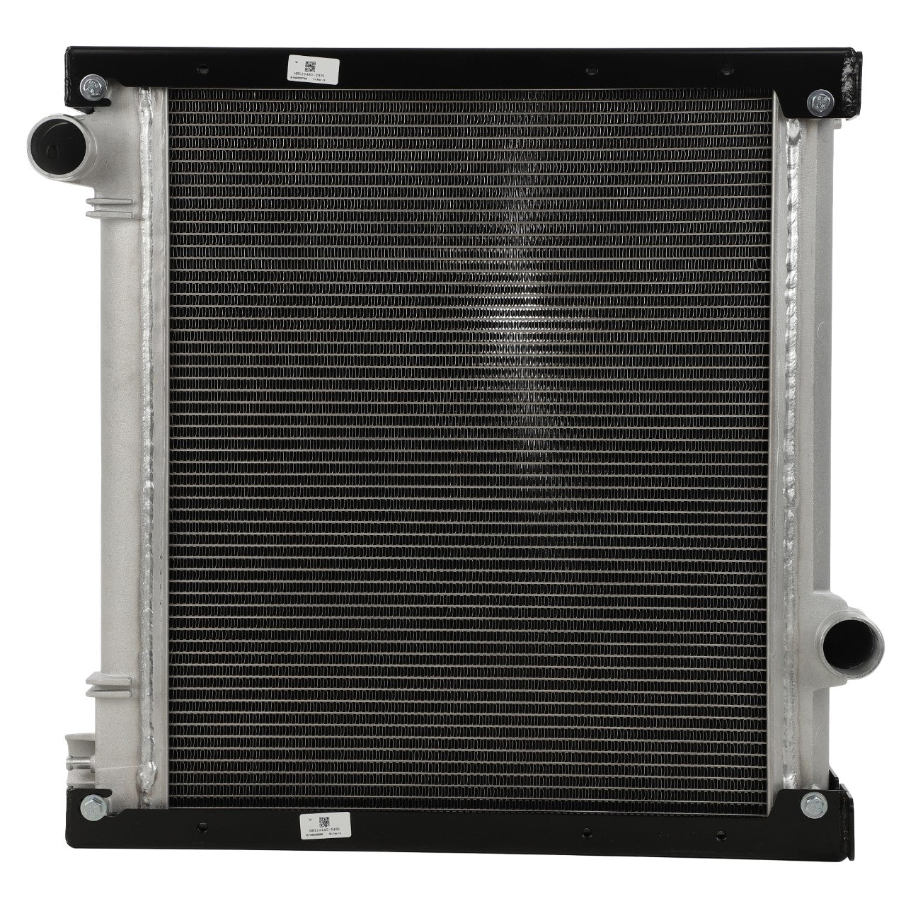 AGCO's Radiator, No Cap - Acw043462A, a metal car radiator with vertical rows of cooling fins and two hose connections on both the left and right sides, is integral to the engine's cooling system.