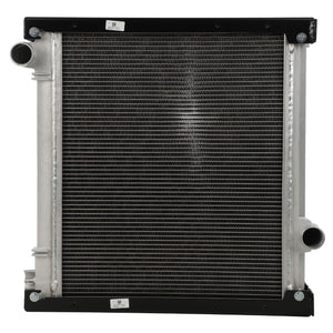 AGCO's Radiator, No Cap - Acw043462A, a metal car radiator with vertical rows of cooling fins and two hose connections on both the left and right sides, is integral to the engine's cooling system.