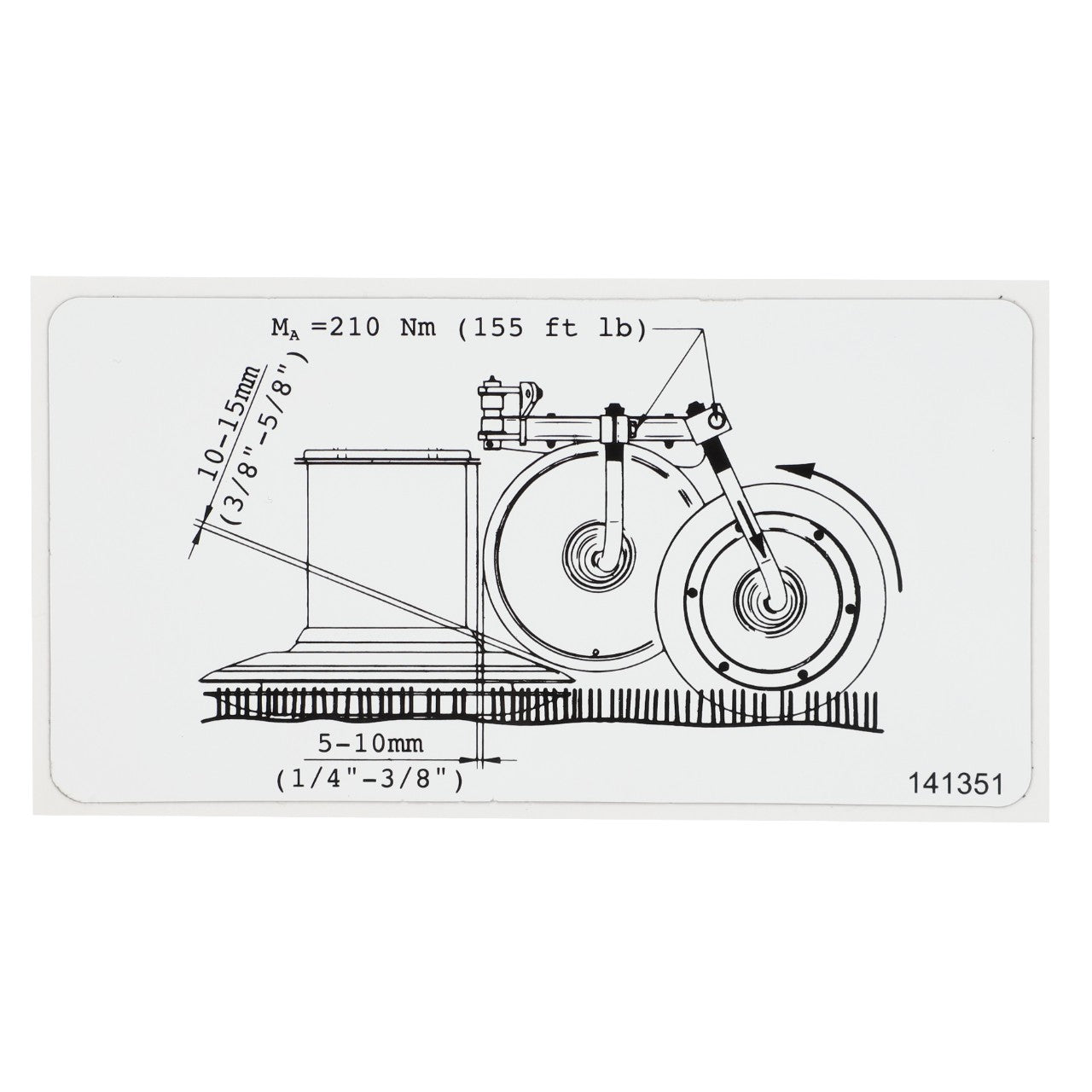 Technical diagram illustrating measurements for the AGCO Decal - Fel141351 rotating part assembly, featuring a specified torque of 210 Nm (155 ft-lb) and other dimensions labeled in mm and inches. Product description is currently unavailable.