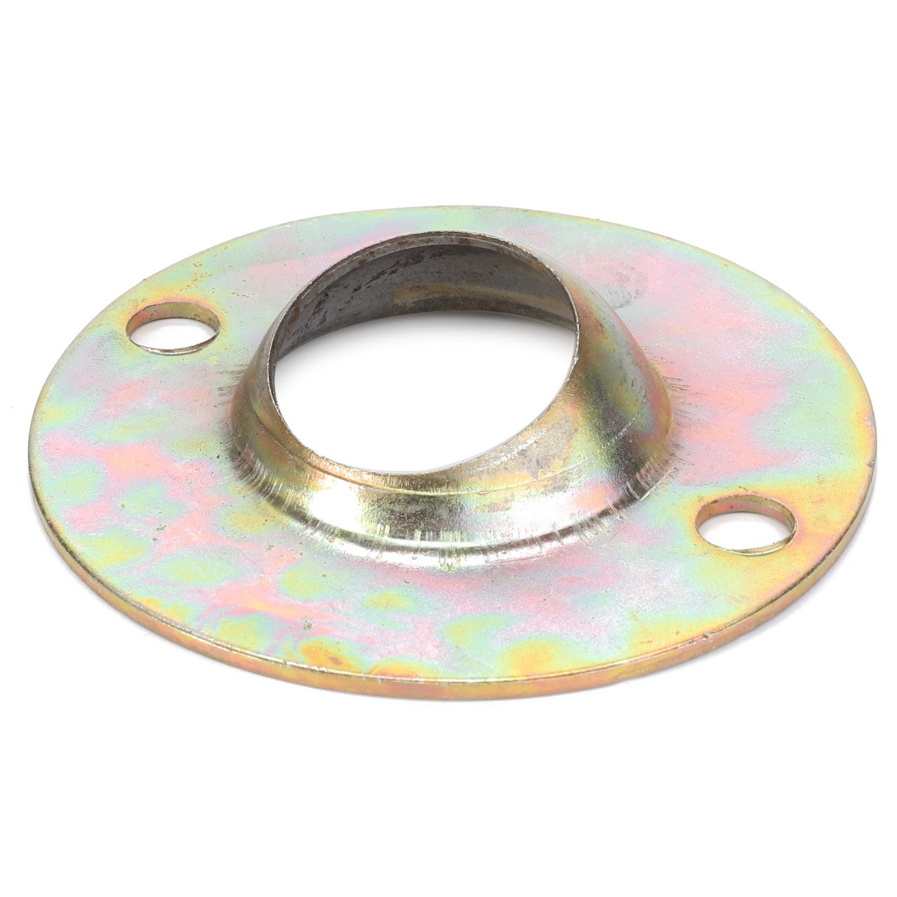 The AGCO SEALING HOLDER - V30930500 is a metal flange featuring a central hole and two smaller holes for mounting. It has a slightly conical shape and a highly reflective surface.