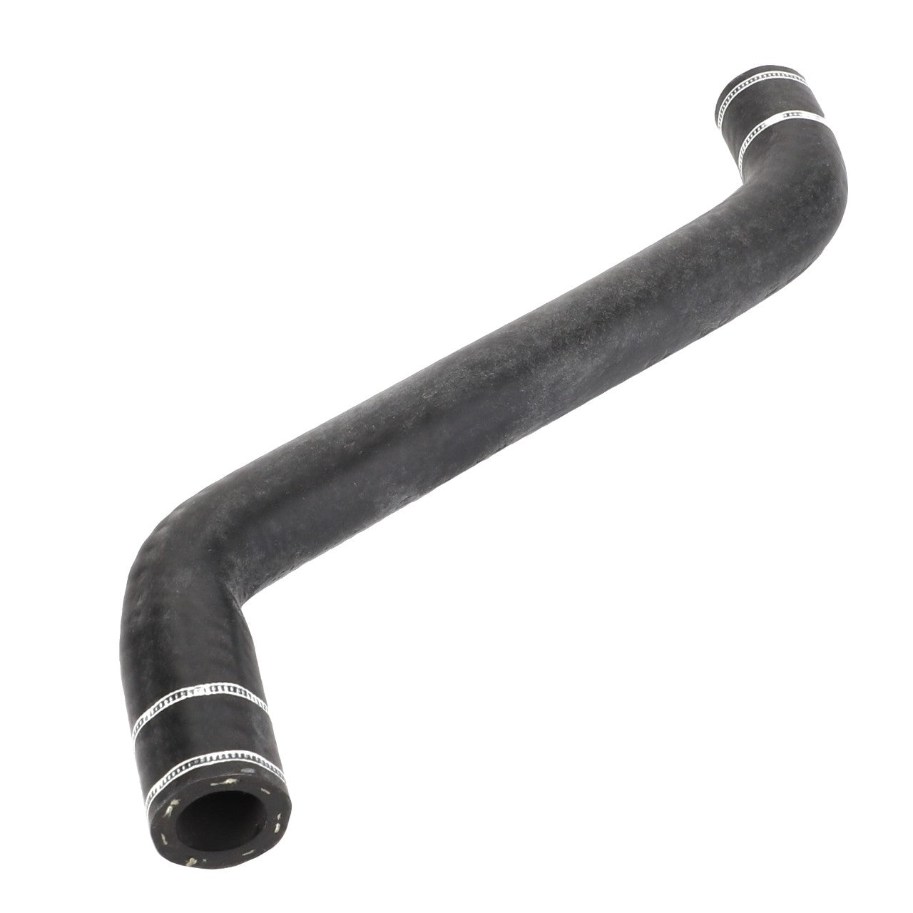 The product is the AGCO | Water Hose - Acw9134830, a black, curved rubber hose with two open ends and white markings near both ends, made by the brand AGCO.