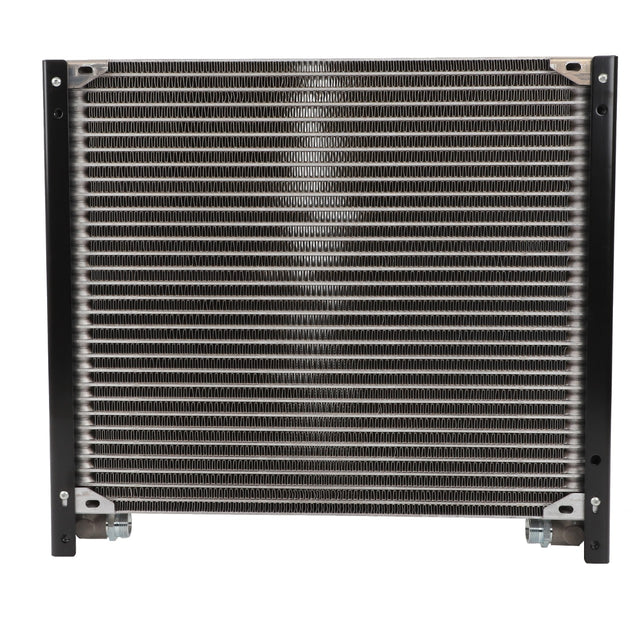 The AGCO Oil Cooler - Acw409444A is a metal heat exchanger with a grid-like design, featuring vertical pipes on the sides and bolts at the bottom for mounting. No current product description information is available.