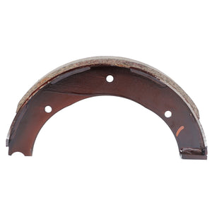 A semicircular, worn AGCO Brake Shoe - F184108150291 from AGCO Parts showcases three circular holes and a mixture of rusty and intact surfaces, reflecting the brake life.