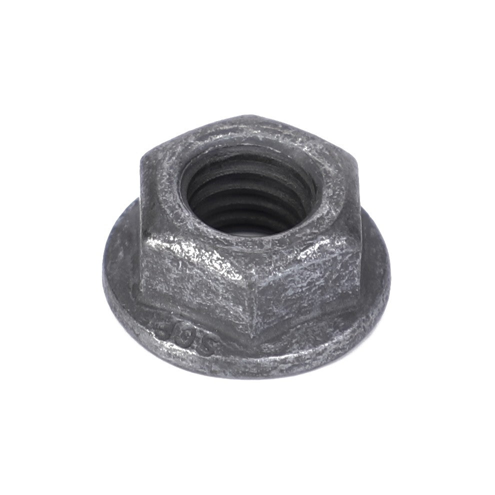 The AGCO Nut - 3640347M1 is a hexagonal metal fastener with a circular base featuring internal threading and a rugged, unfinished surface, ideal for machinery from Valtra.