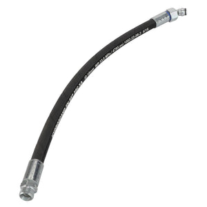 The AGCO | Hydr. Hose - Acw0490760 is a flexible black hydraulic hose with metal fittings on both ends.