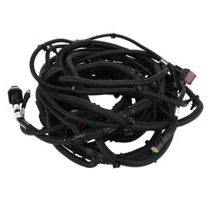 The AGCO Harness - Acw7361430 is a coiled black wire harness featuring various connectors and attached labels, designed for bundling and routing electrical wires in machinery or vehicles. Currently, no additional product description information is available.