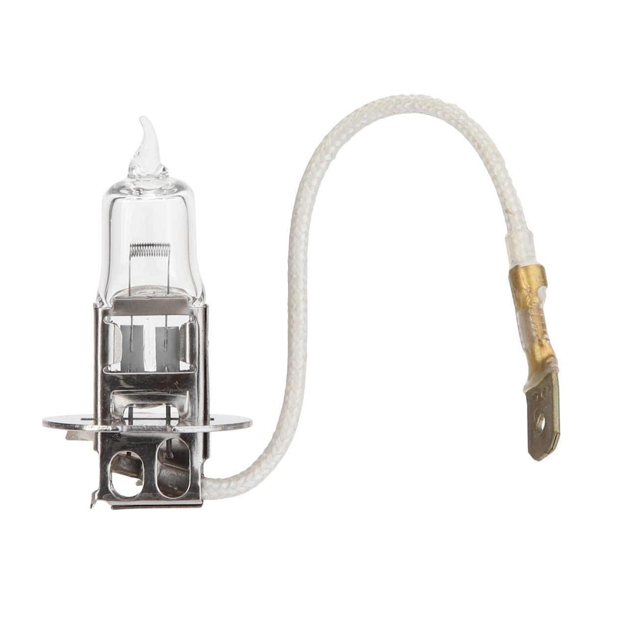 The AGCO | BULB - AG133566, a clear halogen bulb with a white insulated wire and a metal terminal connector, is offered by AGCO, but no current product description information is available.