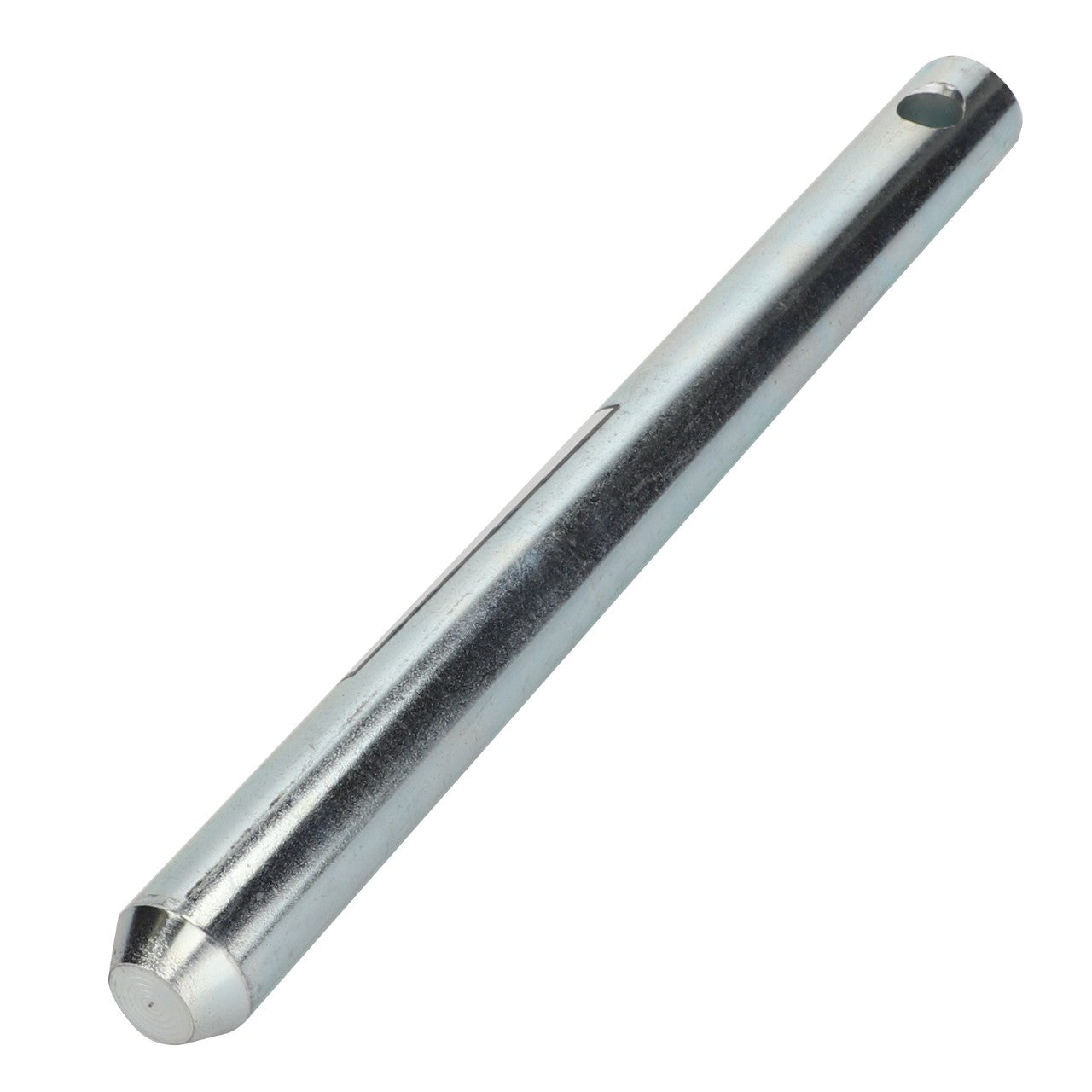 The AGCO CLEVIS PIN - AL1116668 is a cylindrical metal rod featuring a small hole near one end, potentially for securing or assembly purposes. The rod has a shiny, metallic appearance. There is currently no additional product description information available.