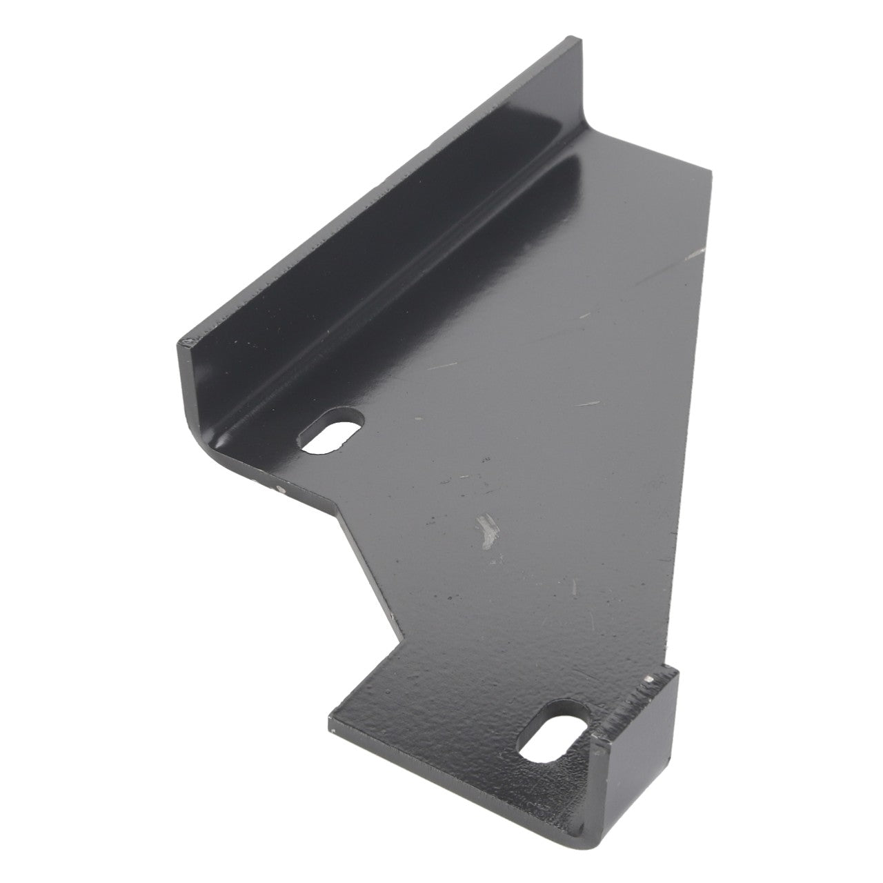 The AGCO BRACKET - D28981619 by AGCO is a black metal bracket featuring two slotted holes, offering versatile mounting options.