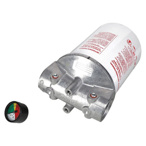 A hydraulic filter with product code 700738157 from AGCO, featuring a white and red design, metallic base, and an attached gauge that displays green, yellow, and red sections to indicate fuel level or filter status. It is compatible with Valtra machinery for reliable performance.