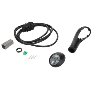 This image showcases the AGCO | KNOB - AL5021042, a bicycle shifter set featuring a shifter cable with housing, lever, adjustment ring, green connector, and three small white plastic pieces. Please note that no current product description information available captures all specific details.