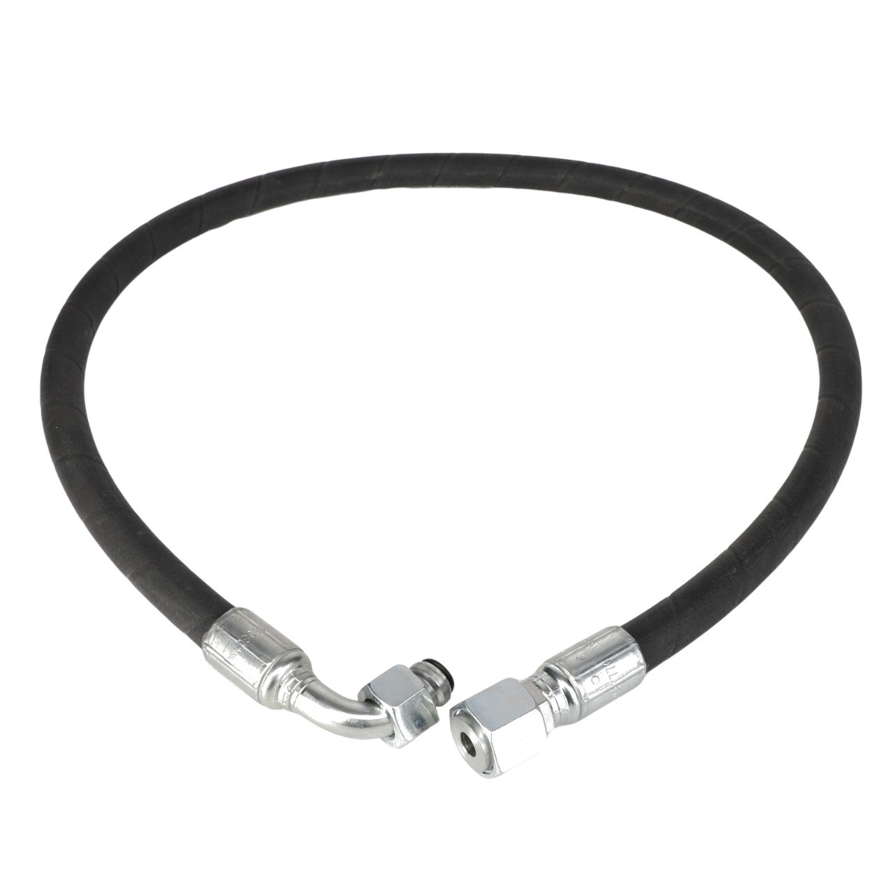 The image depicts the AGCO Hose - Acw1587770 in black, featuring metal fittings at both ends and forming a circular shape.