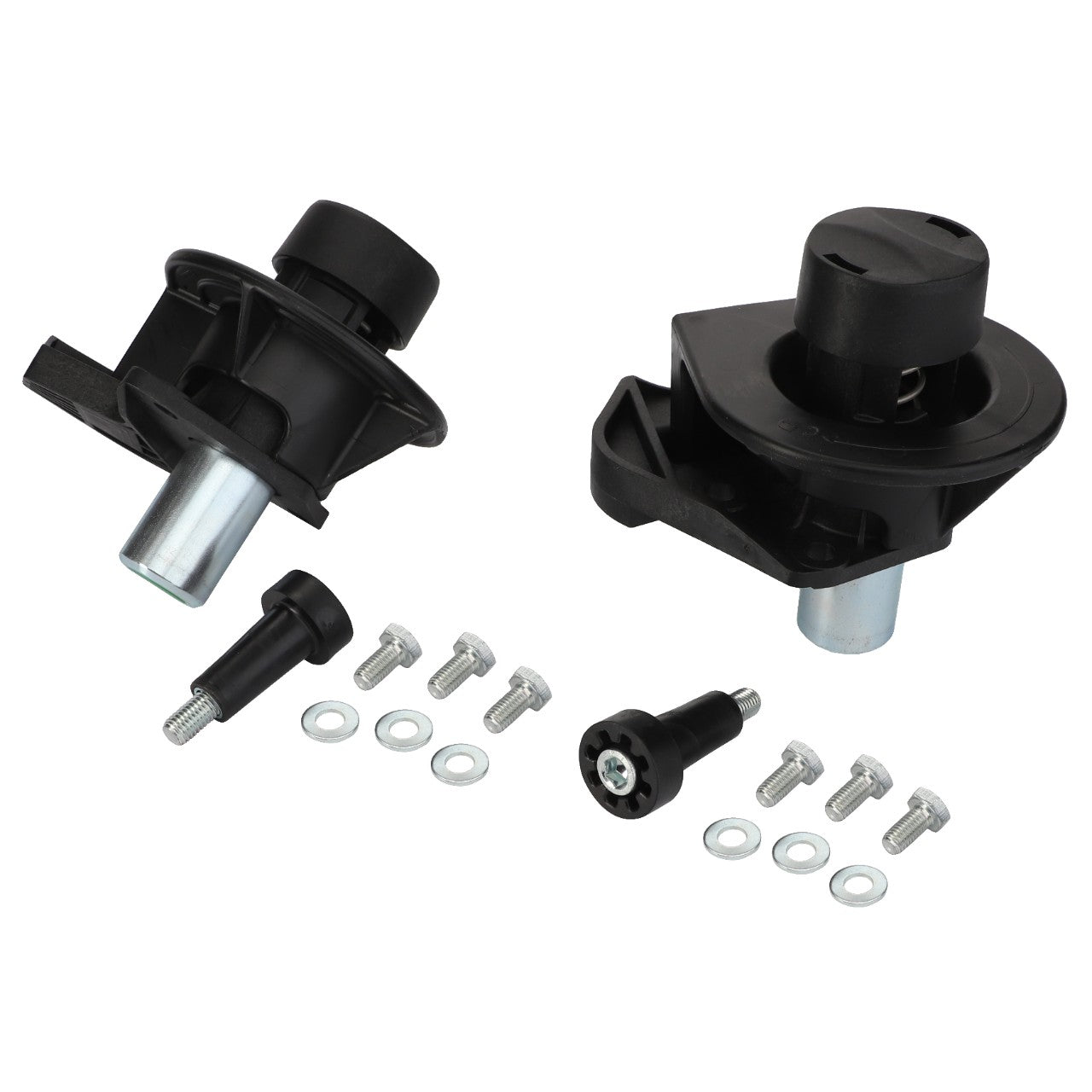 Two black plastic automotive parts with metallic components from AGCO's KIT - AL60008017 are displayed on a white background, along with three mounting bolts, six washers, and additional fittings. Currently, no product description information is available.