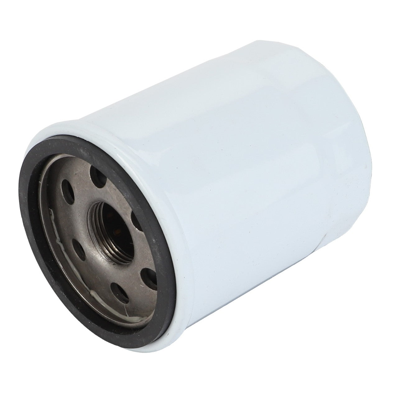 The AGCO | OIL FILTER - 0.010.3884.0 is a cylindrical, white oil filter featuring a threaded hole and multiple small holes on one end, designed for use in automotive engines. For any questions regarding ordering or installation, please contact our support team.